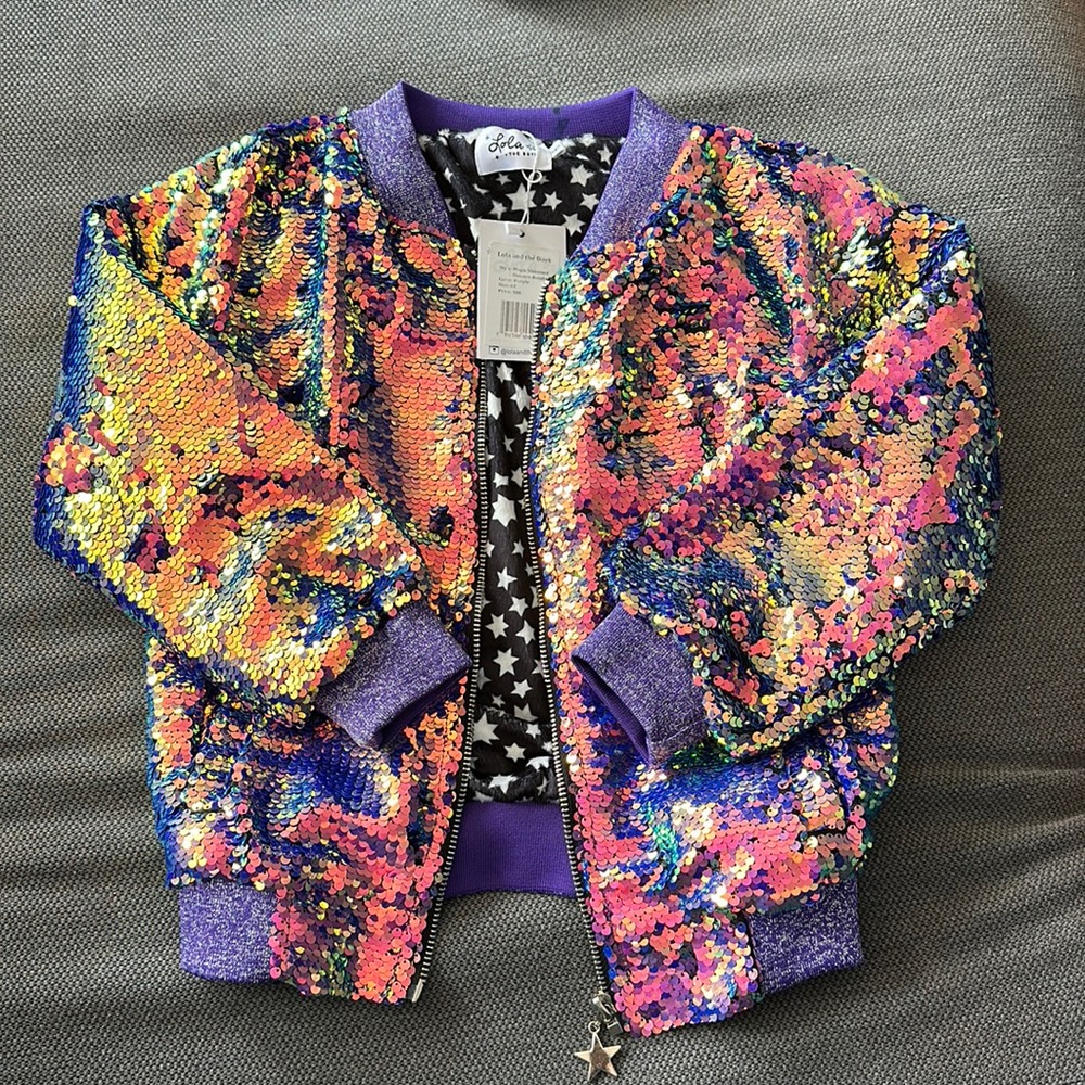 🦄🌈 Lola + the Boys Purple Rainbow Sequin Unicorn Bomber Jacket - size 6